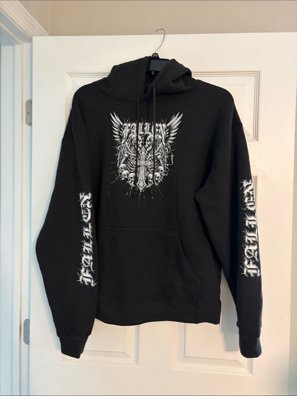 Delta Black Pullover Hoodie with White Fallen Skull & Wing Graphic